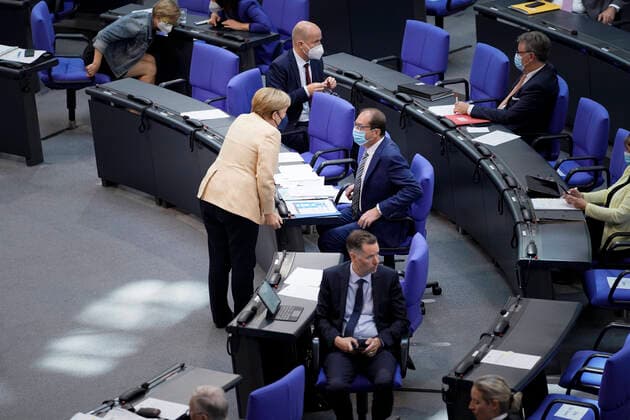 239 Bundestag session and debate Current, 07 09 2021, Berlin, Angela Merkel the Chancellor of the Federal Republic of Germany and Alexander Dobrindt at the 239 session of the German Bundestag in Berlin Berlin Germany