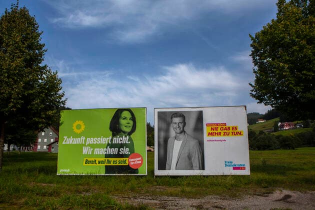 Election posters for the federal election in September 2021 can be seen in Baiersbronn County Freudenstadt Baden Württemberg The Greens Annalena Baerbock future does not happen We make it FDP Michael König Never was there more to do election posters