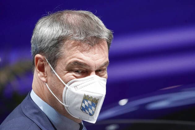 Opening and exhibition tour of the IAA Mobility Aktuell, 07 09 2021, Munich, State Premier Markus Soeder in portrait with mask and state coat of arms imprint during the tour and opening of the IAA Mobility 2021 on the exhibition grounds in Munich Bavaria Germany