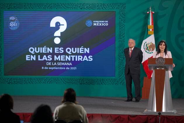 Mexican President Lopez Obrador Meets With Media MEXICO CITY, MEXICO - SEPTEMBER 8: Mexico™s President Andres Manuel Lopez Obrador, listen behind while Ana Elizabeth Garcia Vilchis, in charge of denouncing the fake news of the week speaks during Lopez Obrador daily press conference at National Palace on September 8, 2021 in Mexico City, Mexico. (Photo by Julian Lopez Eyepix Group) Copyright: xJulianxLopezx EYEPIXGROUP_JL_08092021_14278