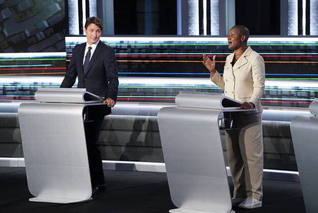 September 8, 2021, Gatineau, QC, Canada: Liberal leader Justin Trudeau looks towards Green leader Annamie Paul as she speaks during the federal election French-language leaders debate, Wednesday, September 8, 2021 in Gatineau, Que. Gatineau Canada  - ZUMAc35_ 20210908_zaf_c35_069 Copyright: xSeanxKilpatrickx