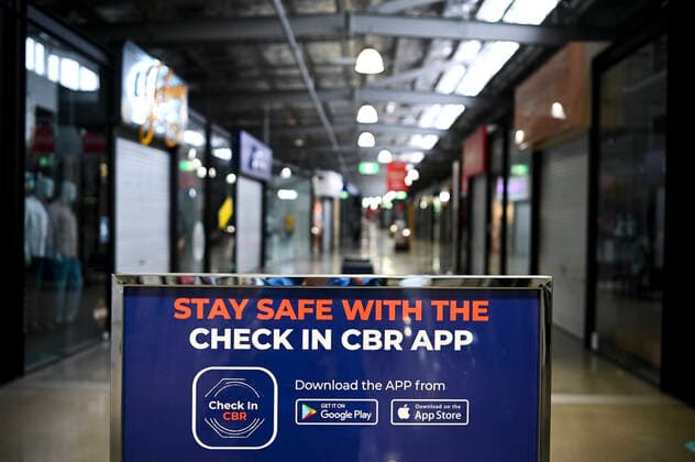 ACT CORONAVIRUS COVID19, A sign recommends the use of the Check In CBR App at the temporarily closed Canberra Outlet Centre in Canberra, Thursday, September 9, 2021. The ACT government is extending Canberra s lockdown for another two weeks until September 17 amid continuing mystery cases. ( NO ARCHIVING, EDITORIAL USE ONLY, NO USE IN BOOKS WITHOUT CONSENT CANBERRA ACT AUSTRALIA  Copyright: xLUKASxCOCHx 20210909001574173682