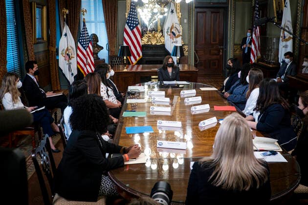 September 9, 2021, Washington, District of Columbia, USA: United States Vice President Kamala Harris makes opening remarks about the impact of Texas Senate Bill 8 and other restrictions on reproductive care during a meeting with abortion and reproductive health providers and patients from Texas, Mississippi, Kentucky, and New Mexico in her ceremonial office in the Eisenhower Executive Office Building in Washington, DC on September 9, 2021 Washington USA - ZUMAs152 20210909_zaa_s152_049 Copyright: xPetexMarovichx