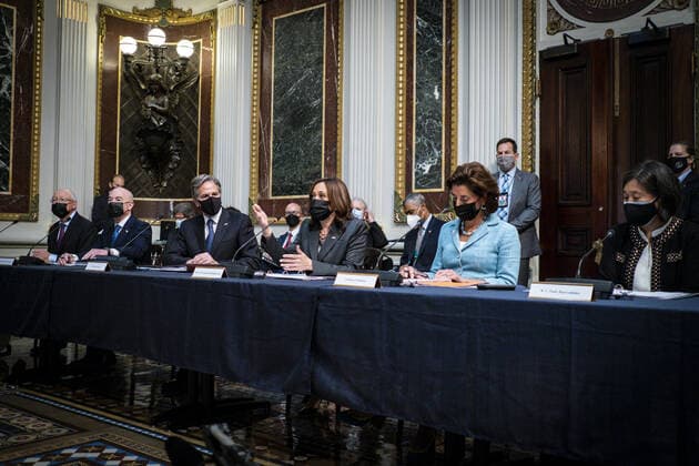 Vice President Kamala Harris delivers opening remarks at the U.S.-Mexico High Level Economic Dialogue (HLED) in the Indian Treaty Room of the Eisenhower Executive Office Building in Washington, DC on September 9, 2021. Secretary of State Antony Blinken, Secretary of Commerce Gina Raimondo, Homeland Security Secretary Alejandro Mayorkas, U.S. Trade Representative Katherine Tai, USAID Administrator Samantha Power, and U.S. Ambassador to Mexico Ken Salazar also participated.  WASP20210909107 PetexMarovich