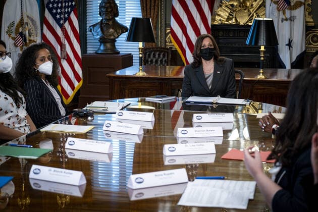 Vice President Kamala Harris makes opening remarks about the impact of Texas Senate Bill 8 and other restrictions on reproductive care during a meeting with abortion and reproductive health providers and patients from Texas, Mississippi, Kentucky, and New Mexico in her ceremonial office in the Eisenhower Executive Office Building in Washington, DC on Thursday, September 9, 2021.  WASP20210909172 PetexMarovich