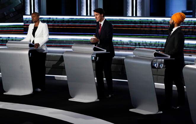 September 9, 2021, Gatineau, PQ, Canada: Green Party Leader Annamie Paul, left to right, Liberal Leader Justin Trudeau, NDP Leader Jagmeet Singh, take part in the federal election English-language Leaders debate in Gatineau, Que., on Thursday, Sept. 9, 2021. Gatineau Canada - ZUMAc35_ 20210909_zaf_c35_057 Copyright: xAdrianxWyldx