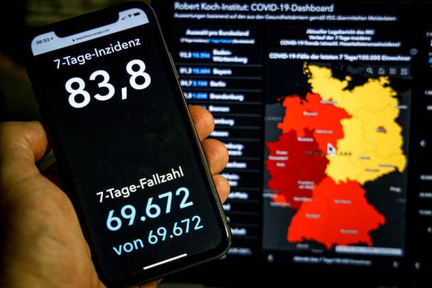 Coronavirus in Germany Covid 19 Dashboard of the Robert Koch Institute 10 09 2021 Robert Koch Institute 7 days Incidence 83.8 7 days Number of cases 69 672 COVID 19 cases 4 059 081 Addition of 12 969 compared to the previous day COVID 19 deaths 92 553 Addition of 55 compared to the previous day