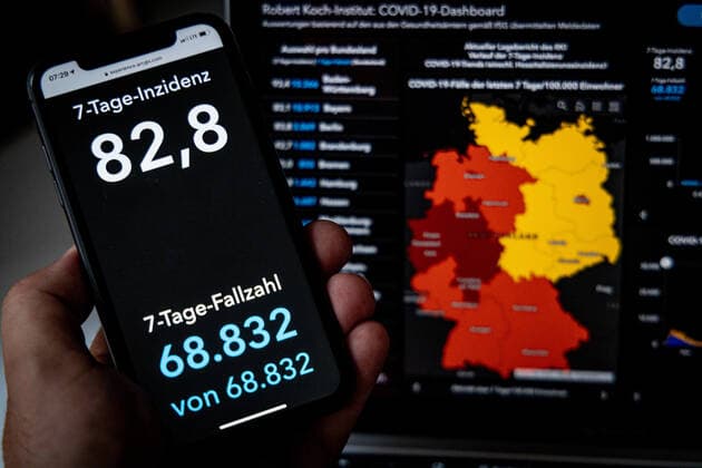 Coronavirus in Germany Covid 19 Dashboard of the Robert Koch Institute 11 09 2021 Robert Koch Institute 7 days Incidence 82.8 7 days Number of cases 68 832 COVID 19 cases 4 070 295 Addition of 11 214 compared to previous day COVID 19 deaths 92 598 Addition of 45 compared to previous day