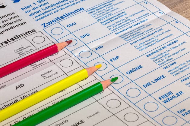 Symbolic image traffic light coalition ballot paper for the federal election on 26 September 2021 with red, yellow and green pencil Copyright: xx