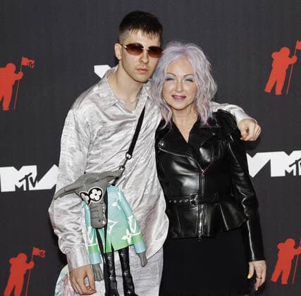 Cyndi Lauper and son Declyn Lauper Thornton arrive on the red carpet at the 38th annual MTV Video Music Awards at Barclays Center in New York City on Sunday, September 12, 2021.  NYP20210912151 JOHNxANGELILLO