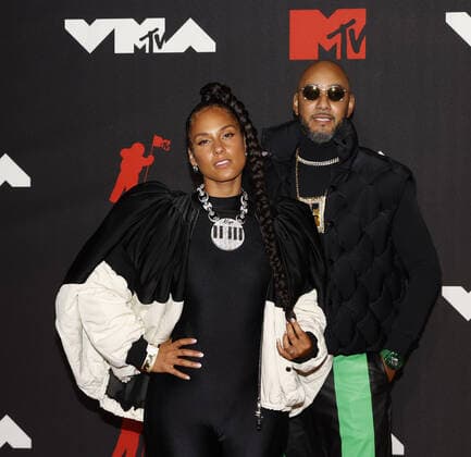 Alicia Keys (left) and Swizz Beatz arrive on the red carpet at the 38th annual MTV Video Music Awards at Barclays Center in New York City on Sunday, September 12, 2021.  NYP20210912192 JOHNxANGELILLO