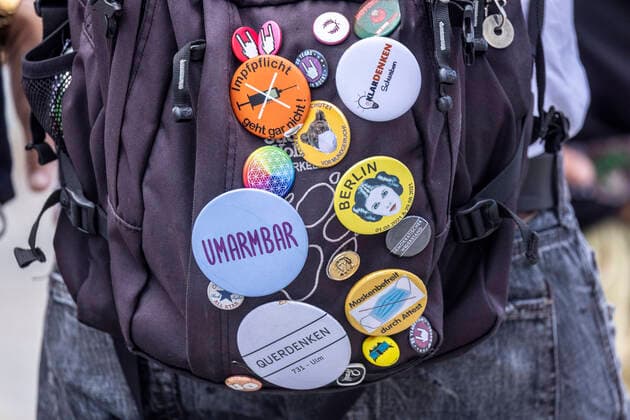 election event of the party Die Basis at the Münsterplatz Ulm backpack with protest buttons 12 09 2021 Germany, Baden Württemberg, Ulm