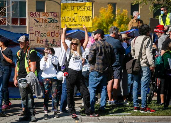 September 13, 2021, Calgary, ab, Canada: Protesters gather at the Foothills Hospital to oppose COVID-19 related public health measures in Calgary, Alta., Monday, Sept. 13, 2021. Calgary Canada  - ZUMAc35_ 20210913_zaf_c35_056 Copyright: xJeffxMcintoshx