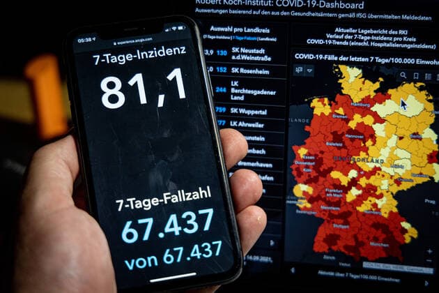 Coronavirus in Germany Covid 19 Dashboard of the Robert Koch Institute 14 09 2021 Robert Koch Institute 7 days Incidence 81.1 7 days Number of cases 67 437 COVID 19 Cases 4 089 476 Addition of 6 325 compared to the previous day COVID 19 Deaths 92 686 Addition of 68 compared to the previous day
