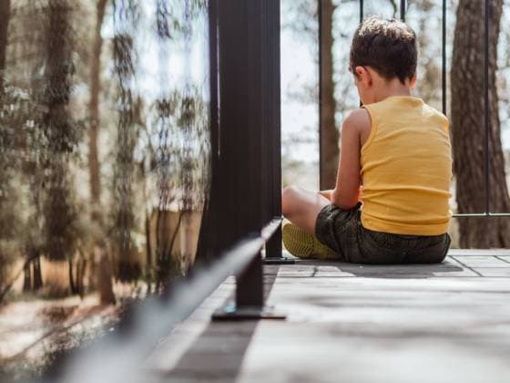 Back view of lonely offended child sitting on wooden terrace of house in forest on sunny day, Model released, Property released HodeiUnzueta_OllerDelMas_4.jpg Copyright: xHodeixUnzuetax MR