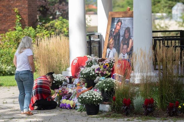 September 14, 2021, Amherst, NS, Canada: People gather at a memorial site in Amherst, N.S. on Tuesday Sept. 14, 2021. A Nova Scotia town is grieving the loss of a family of six, including four children, whose bodies were discovered Sunday evening following a fire in a travel trailer. Amherst Canada  - ZUMAc35_ 20210914_zaf_c35_024 Copyright: xRonxWardx
