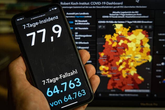 Coronavirus in Germany Covid 19 Dashboard of the Robert Koch Institute 15 09 2021 Robert Koch Institute 7 days Incidence 77.9 7 days Number of cases 64 763 COVID 19 cases 4 101 931 Addition of 12 455 compared to the previous day COVID 19 deaths 92 769 Addition of 83 compared to the previous day