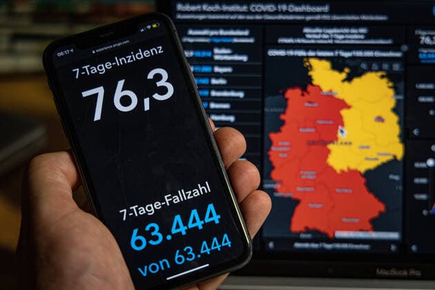 Coronavirus in Germany Covid 19 Dashboard of the Robert Koch Institute 16 09 2021 Robert Koch Institute 7 days Incidence 76.3 7 days Number of cases 63 444 COVID 19 cases 4 114 856 Addition of 12 925 compared to previous day COVID 19 deaths 92 837 Addition of 68 compared to previous day