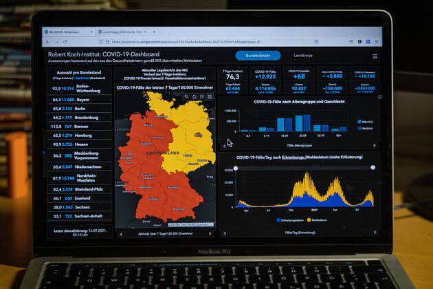 Coronavirus in Germany Covid 19 Dashboard of the Robert Koch Institute 16 09 2021 Robert Koch Institute 7 days Incidence 76.3 7 days Number of cases 63 444 COVID 19 cases 4 114 856 Addition of 12 925 compared to previous day COVID 19 deaths 92 837 Addition of 68 compared to previous day