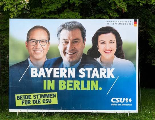 GER, federal election 2021, election posters in Bavaria 15 09 2021, city centre, Memmingen, GER, federal election 2021, election posters in Bavaria, the election campaign in Bavaria is exciting Election posters are put up in many places in the city, in the picture an election poster of the CSU with Prime Minister Markus Söder and the top candidates Alexander Dobrindt and Dor nordphoto GmbHxHafner nph00200