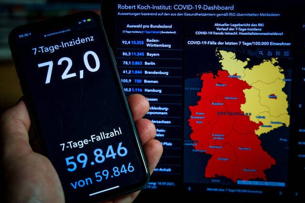 Coronavirus in Germany Covid 19 Dashboard of the Robert Koch Institute 18 09 2021 Robert Koch Institute 7 days Incidence 72.0 7 days Number of cases 59 846 COVID 19 cases 4 134 779 Addition of 8 901 compared to the previous day COVID 19 deaths 92 920 Addition of 63 compared to the previous day