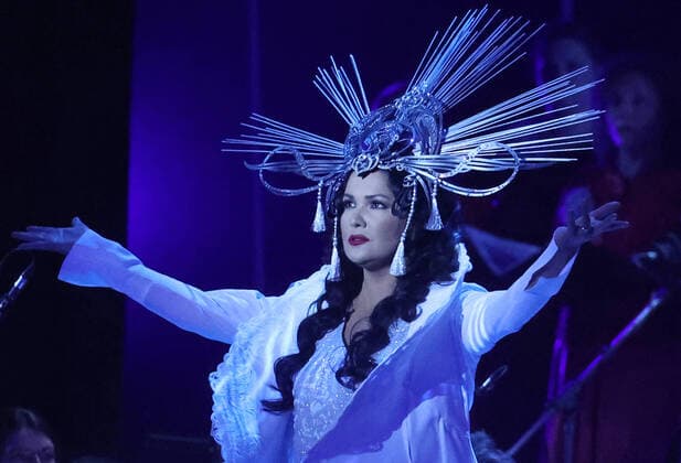 MOSCOW, RUSSIA - SEPTEMBER 18, 2021: Operatic soprano Anna Netrebko performs in a concert marking her 50th birthday, at the State Kremlin Palace. Vladimir Gerdo TASS  TS111067