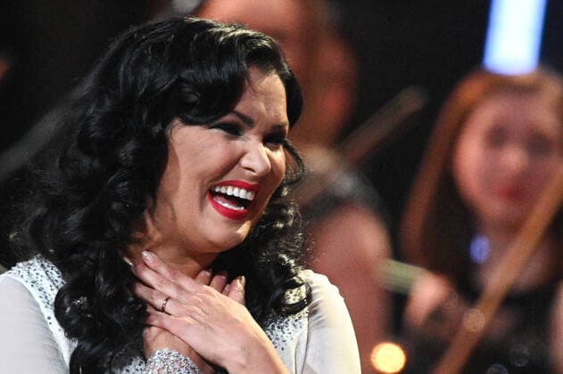 Russia Opera Singer Netrebko Anniversary 6653959 18.09.2021 Opera singer Anna Netrebko reacts during a concert marking her 50th birthday, at the State Kremlin Palace, Moscow, Russia. Ramil Sitdikov Sputnik Moscow Russia  Copyright: xRamilxSitdikovx