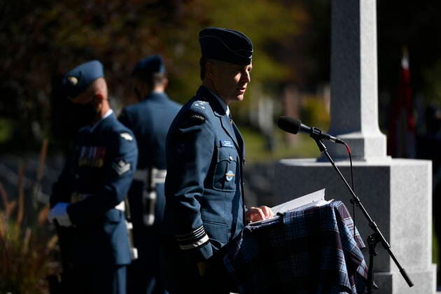 September 19, 2021, Ottawa, ON, CAN: Lieutenant-General Al Meinzinger speaks during a ceremony marking the 81st anniversary of the Battle of Britain at Beechwood National Military Cemetery, in Ottawa, on Sunday, Sept. 19, 2021. Ottawa CAN  - ZUMAc35_ 20210919_zaf_c35_017 Copyright: xJustinxTangx