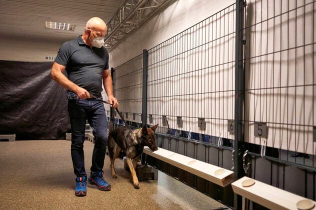 A Corona sniffer dog sniffs the sweat samples of concertgoers at a test concert with Fury in the Slaughterhouse as part of the Back to Culture concert series in conjunction with a test study with Corona sniffer dogs at the Gilde Parkbühne Hannover, 19 09 2021 Foto:xU.xStammx xFuturexImage