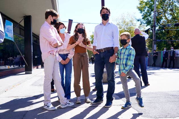 September 20, 2021, Montreal, PQ, Canada: Liberal leader Justin Trudeau arrives to cast his ballot in the 44th general federal election as he s joined by wife Sophie Gregoire-Trudeau, and children, Xavier, Ella-Grace and Hadrien in his riding of Papineau, Montreal on Monday, Sept. 20, 2021. Montreal Canada - ZUMAc35_ 20210920_zaf_c35_028 Copyright: xPaulxChiassonx