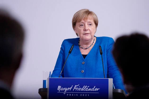 Awarding of the Margot Friedlaender Prize 2021 Current,20 09 2021,Berlin, Federal Chancellor Dr Angela Merkel in portrait during her laudation at the awarding of the Margot Friedlaender Prize Berlin Berlin Germany
