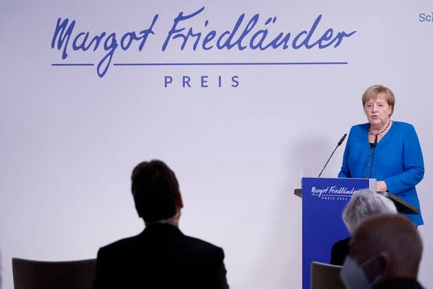 Awarding of the Margot Friedlaender Prize 2021 Current,20 09 2021,Berlin, Federal Chancellor Dr Angela Merkel in portrait during her laudation at the awarding of the Margot Friedlaender Prize Berlin Berlin Germany
