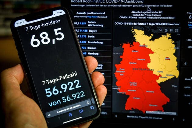 Coronavirus in Germany Covid 19 Dashboard of the Robert Koch Institute 21 09 2021 Robert Koch Institute 7 days Incidence 68.5 7 days Number of cases 56 922 COVID 19 cases 4 150 516 Addition of 4 664 compared to the previous day COVID 19 deaths 93 052 Addition of 81 compared to the previous day
