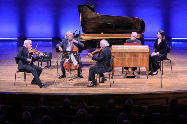 British pianist Andras Schiff, second from right, performs with Panocha Quartet at Dvorak Prague music festival in Prague, Czech Republic, September 20, 2021. Andras Schiff received Antonin Dvorak award before the concert. (CTKxPhoto MichalxKamaryt) CTKPhotoP2021092009328 