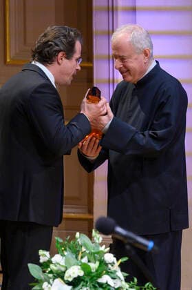 British pianist Andras Schiff, right, receives Antonin Dvorak award within his concert at Dvorak Prague music festival in Prague, Czech Republic, September 20, 2021. (CTKxPhoto MichalxKamaryt) CTKPhotoP2021092009329 