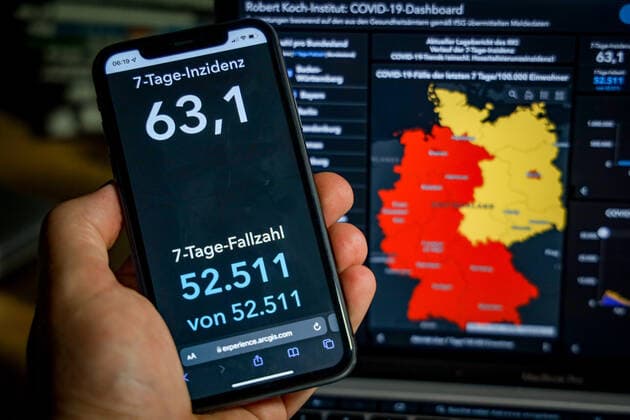 Coronavirus in Germany Covid 19 Dashboard of the Robert Koch Institute 23 09 2021 Robert Koch Institute 7 days Incidence 63.1 7 days Number of cases 52 511 COVID 19 cases 4 171 666 Addition of 10 696 compared to the previous day COVID 19 deaths 93 238 Addition of 115 compared to the previous day