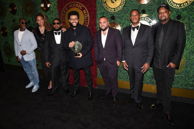 September 23, 2021, West Hollywood, California, USA: (L-R) Caron Veazey, Willie Ã¢â‚¬oeProphetÃ¢â‚¬Â Stiggers, The Weeknd, Shawn Holiday and Jamil Davis attend the Black Music Action Coalition Hosts Music In Action Awards Ceremony hosted by The Black Music Action Coalition. West Hollywood USA - ZUMAb173 20210923_zap_b173_041 Copyright: xBillyxBennightx