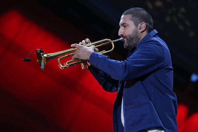 Ibrahim Maalouf performs during the Global Citizen Live concert in Paris on Saturday, September 25, 2021. The concert, held at the base of the Eiffel Tower, is one of several taking place in cities around the world including New York, Los Angeles, London, Sydney, Lagos, Rio, Mumbai and Seoul. The event aims to raise awareness for issues related to the climate and ending poverty. PARI20210925017 DAVIDxSILPA