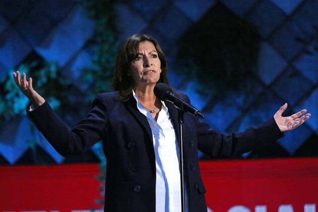 Paris Mayor Anne Hidalgo speaks during the Global Citizen Live concert in Paris on Saturday, September 25, 2021. The concert, held at the base of the Eiffel Tower, is one of several taking place in cities around the world including New York, Los Angeles, London, Sydney, Lagos, Rio, Mumbai and Seoul. The event aims to raise awareness for issues related to the climate and ending poverty. PARI20210925025 DAVIDxSILPA