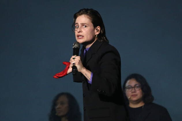 Christine and the Queens perform during the Global Citizen Live concert in Paris on Saturday, September 25, 2021. The concert, held at the base of the Eiffel Tower, is one of several taking place in cities around the world including New York, Los Angeles, London, Sydney, Lagos, Rio, Mumbai and Seoul. The event aims to raise awareness for issues related to the climate and ending poverty. PARI20210925030 DAVIDxSILPA