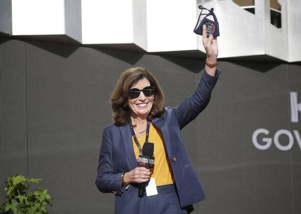 New York Governor Kathy Hochul speaks at Global Citizen Live in New York City on Saturday, September 25, 2021. Global Citizen Live is a 24-hour global event starting on September 25 to unite the world to defend the planet and defeat poverty.  NYP20210925172 JOHNxANGELILLO