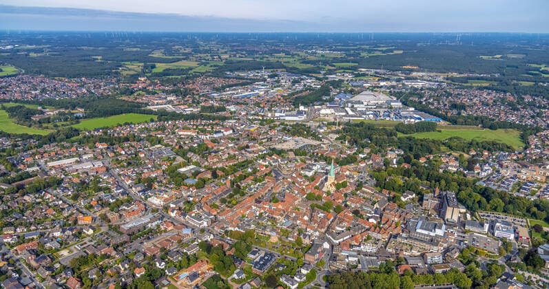 Aerial view, city center and old town with market place and catholic church St Remigius as well as windmills at the horizon in the forest area in Borken, Münsterland, North Rhine Westphalia, Germany ATTENTIONxMINDESTHONORARx60xEURO
