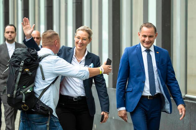 Alice Weidel and Thino Chrupalla arrive for a press conference at the Federal Press Conference in Berlin on September 27, 2021 AfD press conference after the federal election