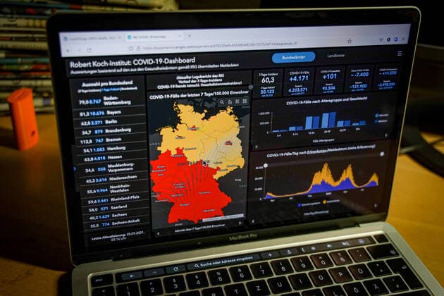 Coronavirus in Germany Covid 19 Dashboard of the Robert Koch Institute 28 09 2021 Robert Koch Institute 7 days Incidence 60.3 7 days Number of cases 50 123 COVID 19 cases 4 203 571 Addition of 4 171 compared to the previous day COVID 19 deaths 93 504 Addition of 101 compared to the previous day
