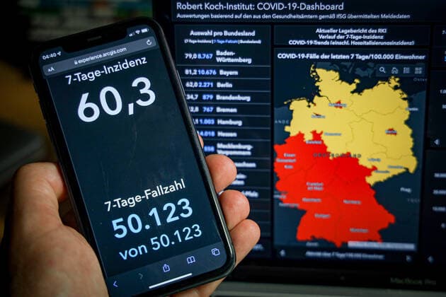 Coronavirus in Germany Covid 19 Dashboard of the Robert Koch Institute 28 09 2021 Robert Koch Institute 7 days Incidence 60.3 7 days Number of cases 50 123 COVID 19 cases 4 203 571 Addition of 4 171 compared to the previous day COVID 19 deaths 93 504 Addition of 101 compared to the previous day