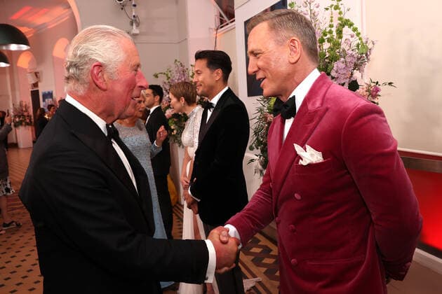 . 28 09 2021. London, United Kingdom. Prince Charles and Camilla with Daniel Craig at the No Time To Die world premiere in London.  xi-Imagesx IIM-22624-0160