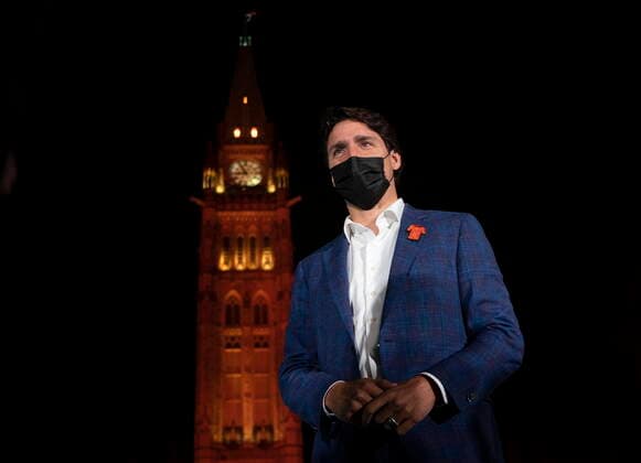September 29, 2021, Ottawa, on, Canada: The Peace Tower glows orange as Canadian Prime Minister Justin Trudeau participates in a ceremony on Parliament Hill on the eve of the first National Day of Truth and Reconciliation, Wednesday, September 29, 2021 in Ottawa. Ottawa Canada  - ZUMAc35_ 20210929_zaf_c35_144 Copyright: xAdrianxWyldx