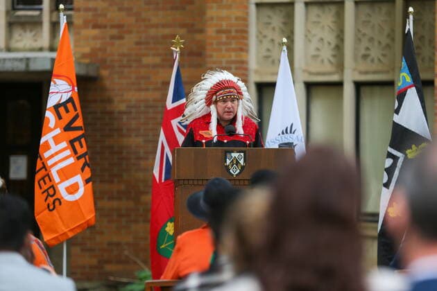 September 30, 2021, Toronto, on, Canada: Residential school survivor and knowledge keeper, James Bird, of the Nehiyawak Nation and Dene Nation, speaks at a ceremony to commemorate the first National Day for Truth and Reconciliation at Massey College in Toronto on Thursday, September 30, 2021. Toronto Canada  - ZUMAc35_ 20210930_zaf_c35_025 Copyright: xEvanxBuhlerx