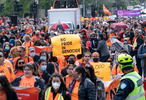 September 30, 2021, Montreal, PQ, Canada: People take part in a march to mark the first National Day for Truth and Reconciliation Thursday, September 30, 2021 in Montreal. Montreal Canada  - ZUMAc35_ 20210930_zaf_c35_093 Copyright: xRyanxRemiorzx