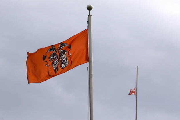 September 30, 2021, Victoria, BC, Canada: The Canadian flag hangs half-mast as a ceremonial flag is raised to honour victims of the Canadian Indian residential school system during the Xe xe SmunÃ¢â‚¬â ¢ eem-Victoria Orange Shirt Day Every Child Matters ceremony to honour while at Centennial Square in Victoria, B.C., on Thursday, September 30, 2021. Victoria Canada  - ZUMAc35_ 20210930_zaf_c35_176 Copyright: xChadxHipolitox